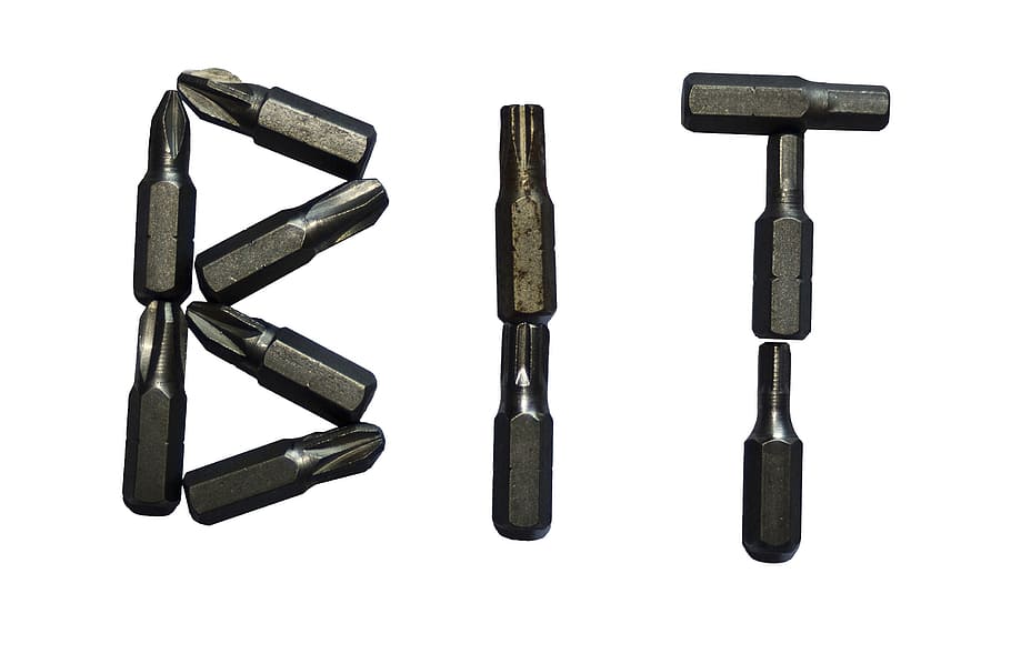 black screws forming bit word on white background, bits, tool HD wallpaper