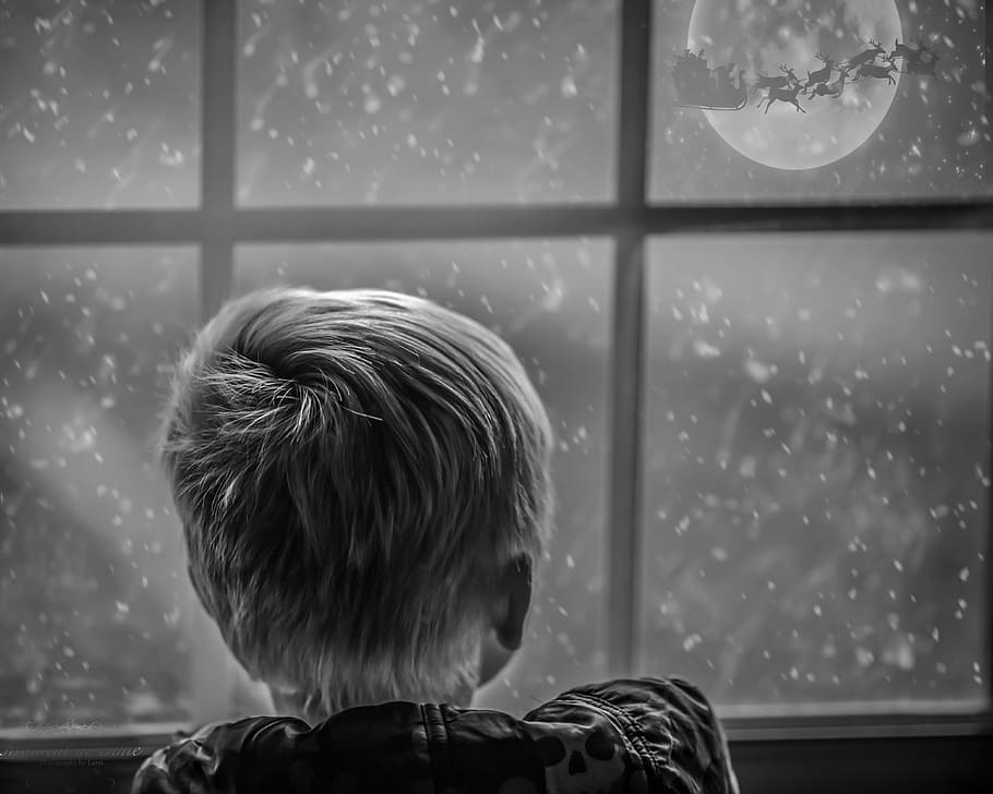 grayscale photo of boy leaning on window looking at moon during nighttime, HD wallpaper