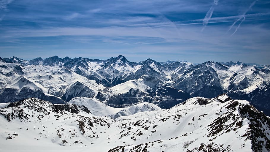 aerial photography of snow covered mountain, peak, rocky, mountains HD wallpaper
