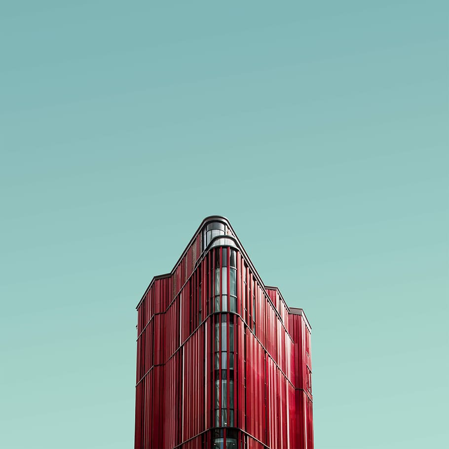 worm's eye view photography of red glass building, red high-rise building HD wallpaper