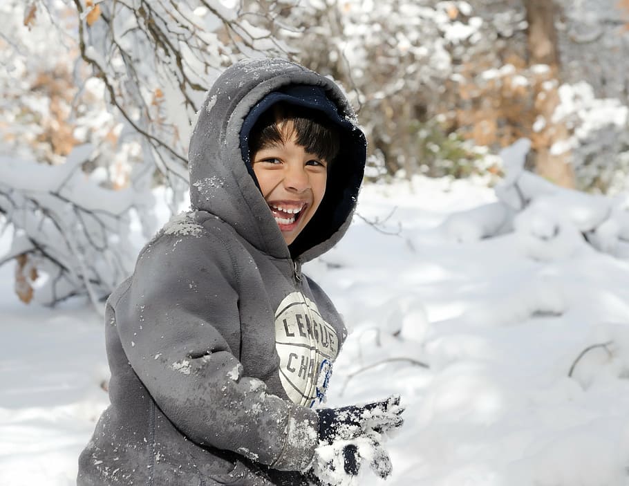 smiling boy wearing gray hooded jacket on snow field, kid, child HD wallpaper