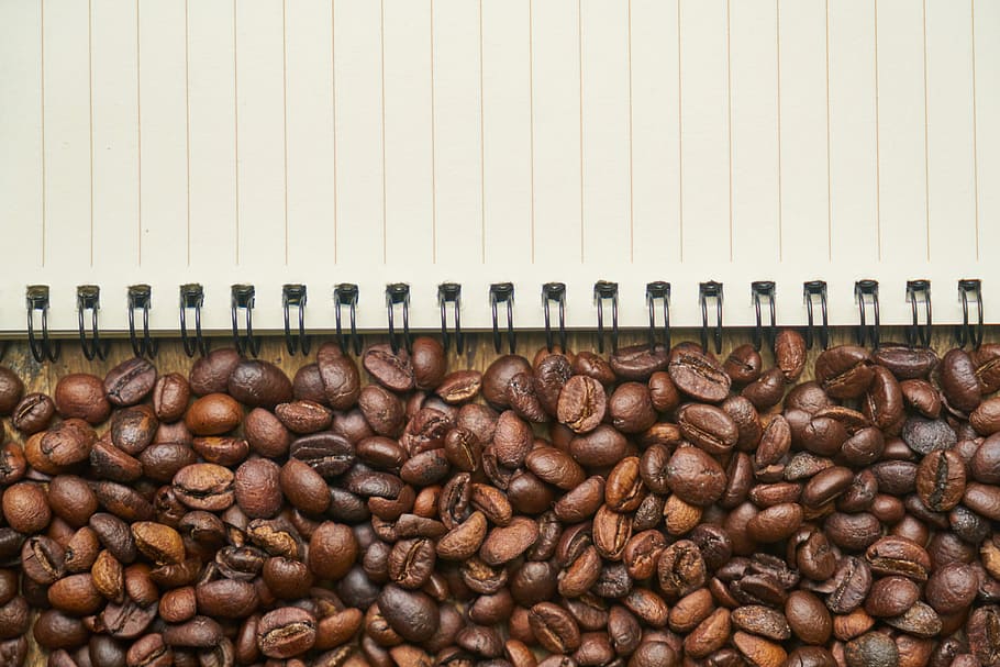 coffee beans beside opened spiral notebook, Core, Texture, Caffeine, HD wallpaper