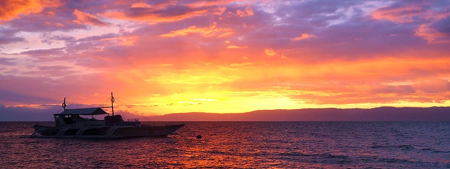sunset, reflections, boat, ocean, philippines, bohol, outriggers HD wallpaper