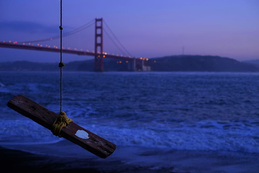 brown wood plank tied by rope hangs near tree overview bridge, focus photography of road and plank HD wallpaper