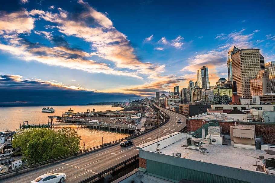 cityscape near body of water during daytime, Seattle, Sunset, HD wallpaper