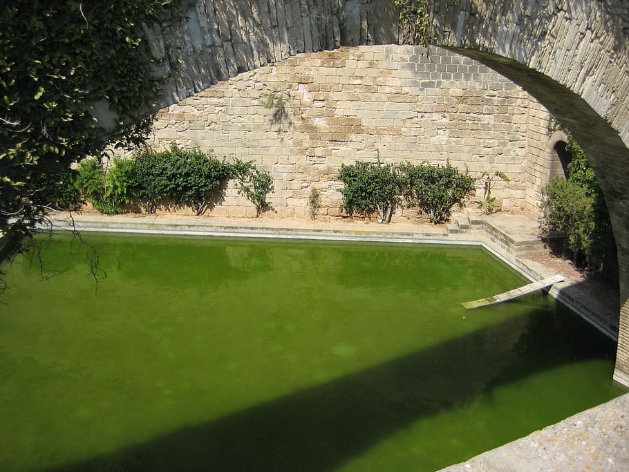 bridge, arc, tub, stone wall, green, water, spain, mallorca HD wallpaper
