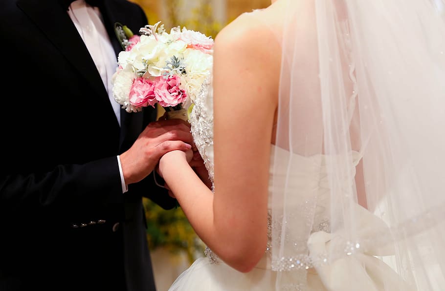 man and woman wedding, dress up, bouquet, marriage, wedding dress, HD wallpaper