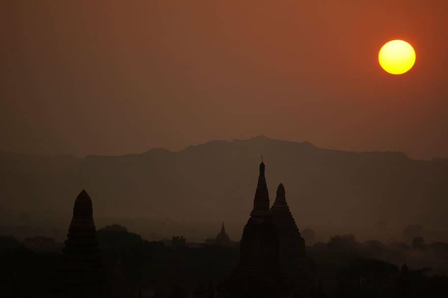 burma, sun, temple, place of worship, religion, belief, sky HD wallpaper