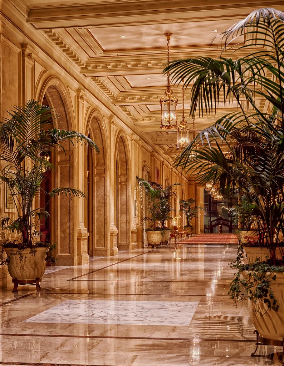 gold-colored pendant lamp, sheraton palace hotel, lobby, architecture, HD wallpaper