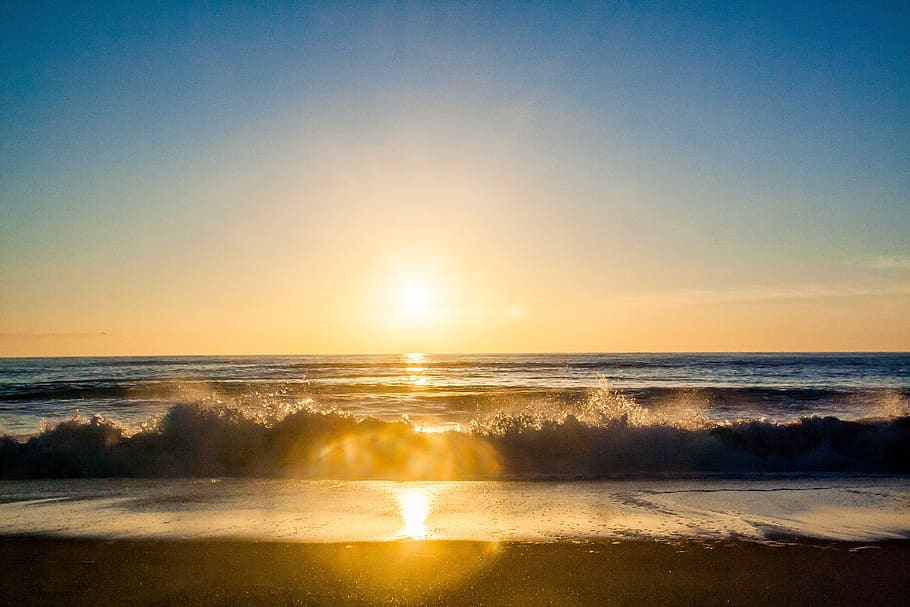 sunset, sun rays, beach, sand, ocean, sea, shore, waves, horizon HD wallpaper
