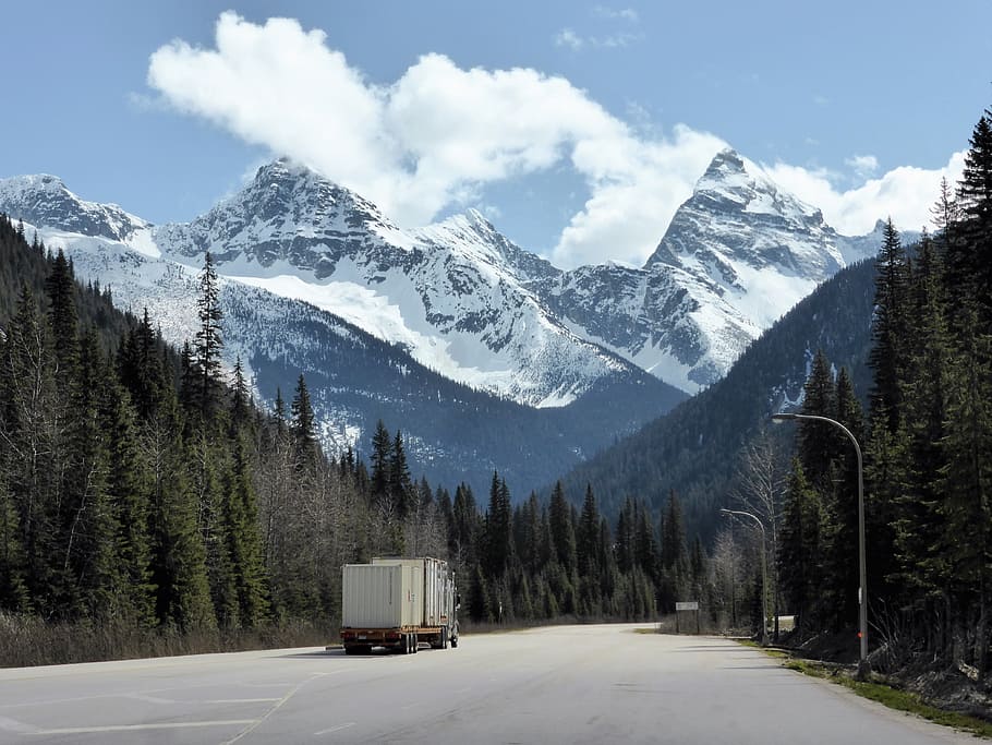 beige truck on road with scenery of mountain, mountains, snow HD wallpaper