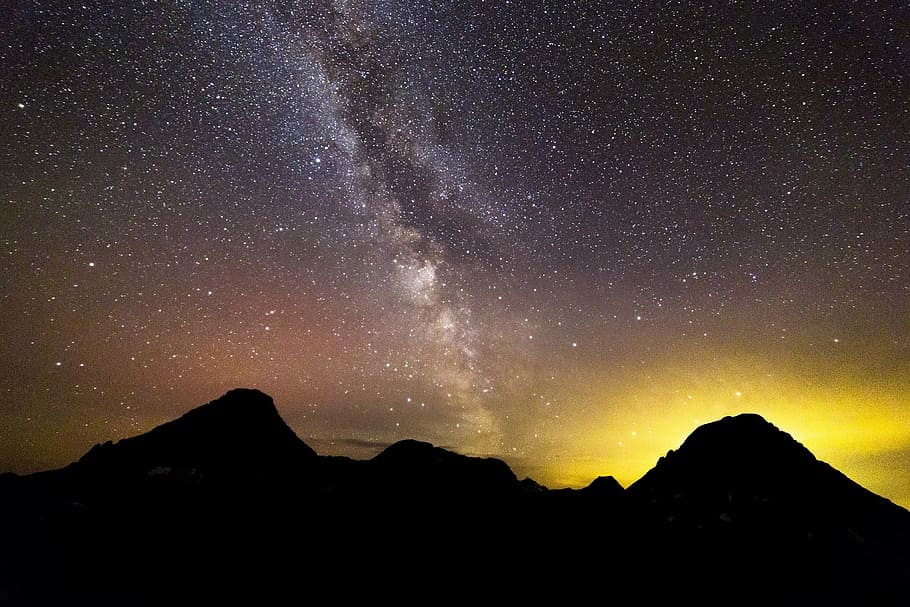 silhouette of mountains photo, rocks, night, landscape, wildland fire glow HD wallpaper