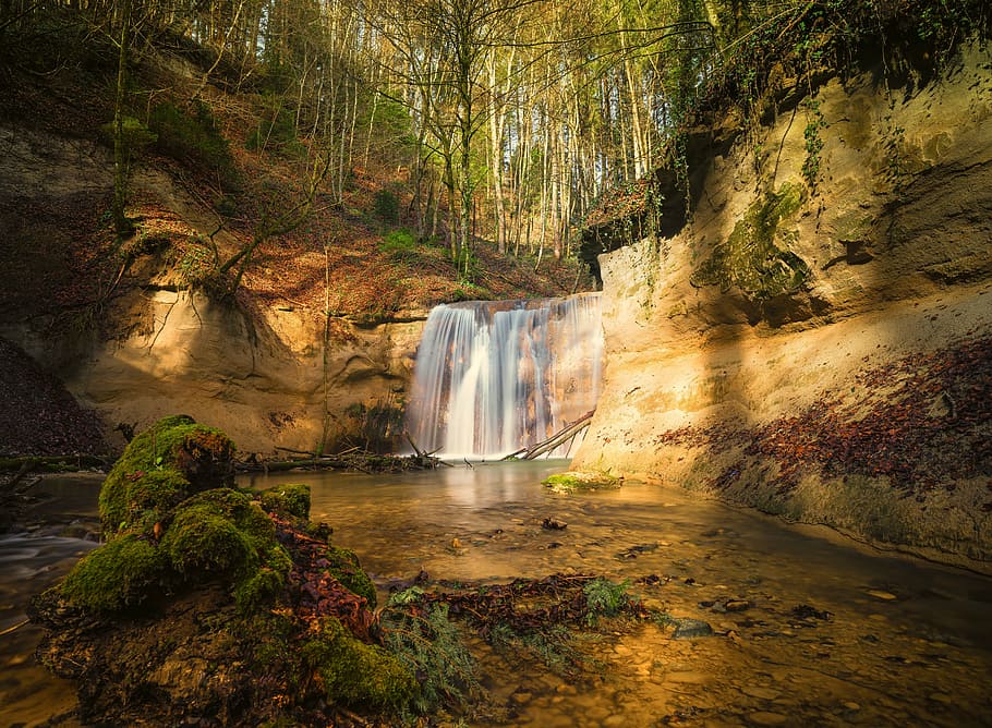 timelapse photography of waterfalls with green foliage trees HD wallpaper