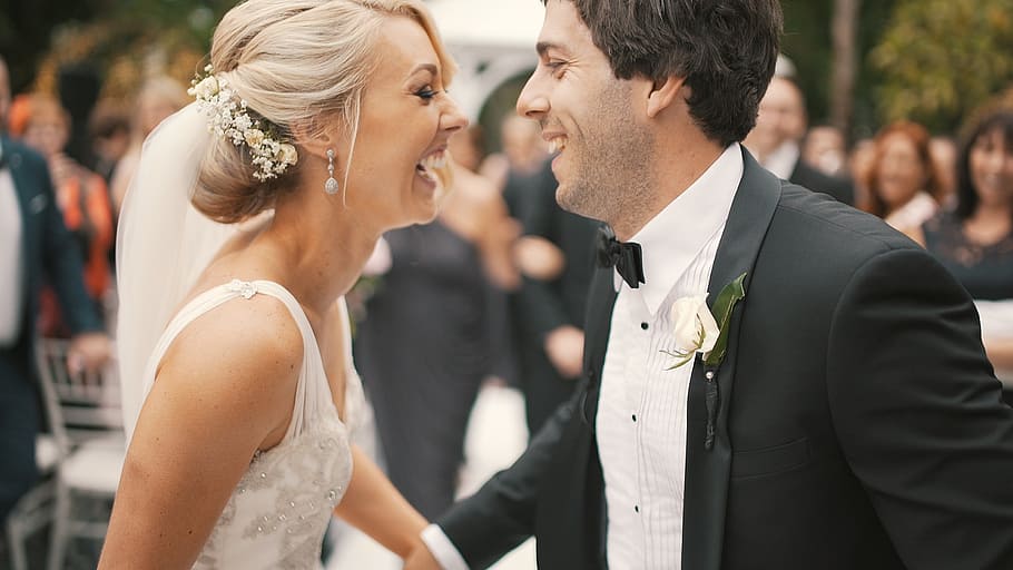 woman in white sleeveless bridal gown and man in black suit HD wallpaper