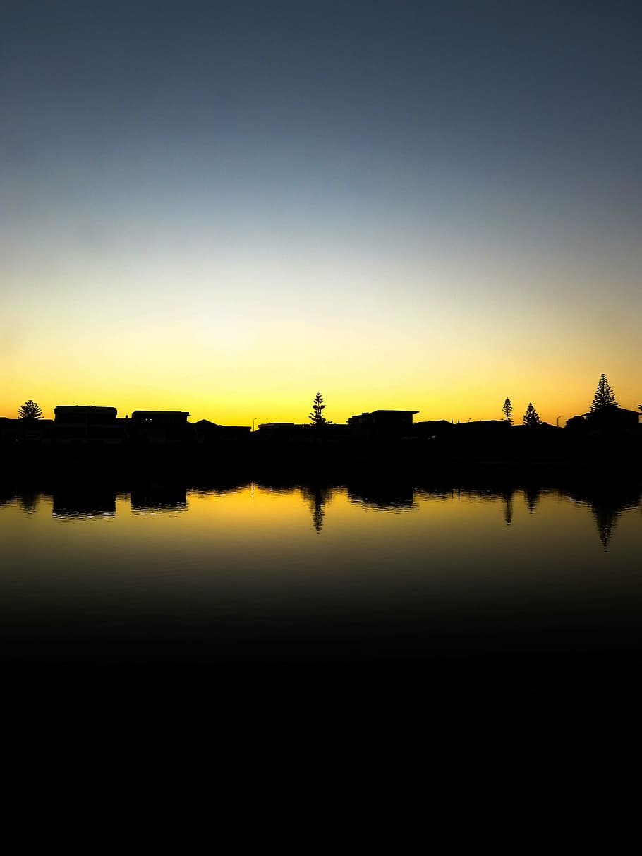 silhouette of houses and trees near body of water, buildings HD wallpaper