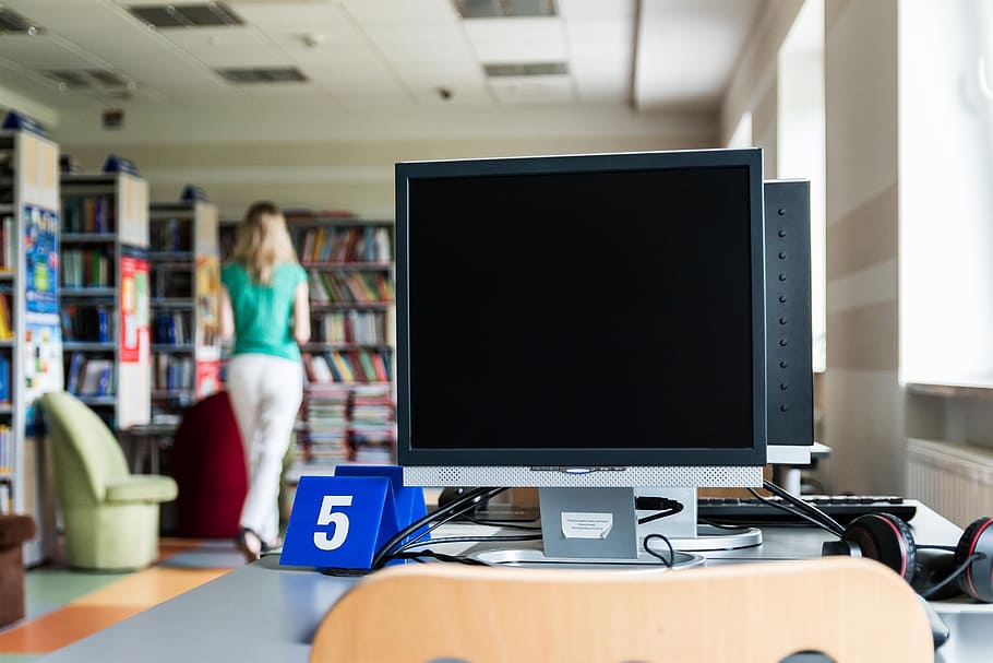 flat screen computer monitor, library, book, reading, computers HD wallpaper