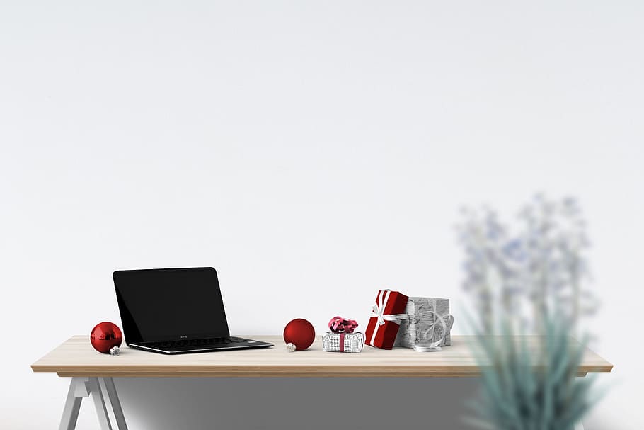 black laptop on top of table, poster, wall, mockup, interior HD wallpaper