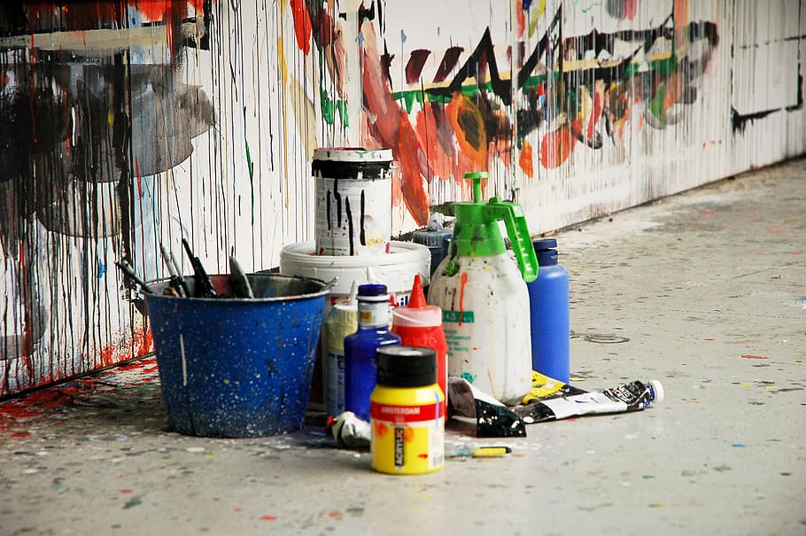 paintings, art, creativity, container, multi colored, messy HD wallpaper