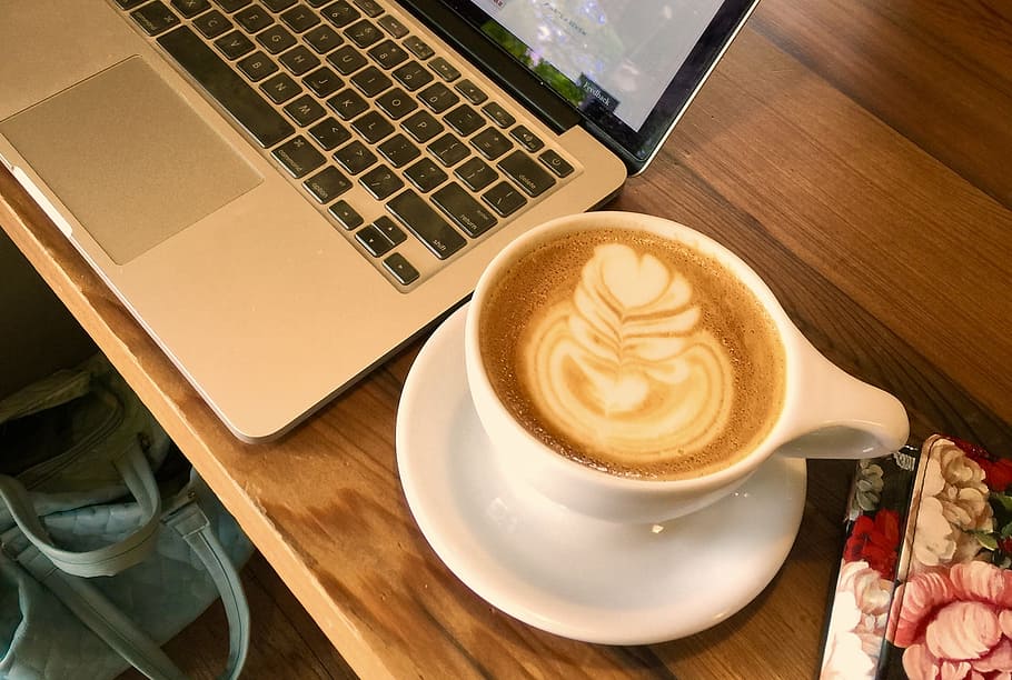 coffee, computer, coffee design, laptop, coffee - drink, coffee cup HD wallpaper