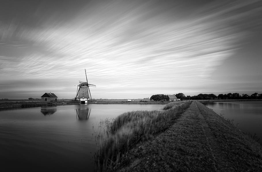 long exposure, windmill, architecture, sky, clouds, texel, landscape HD wallpaper