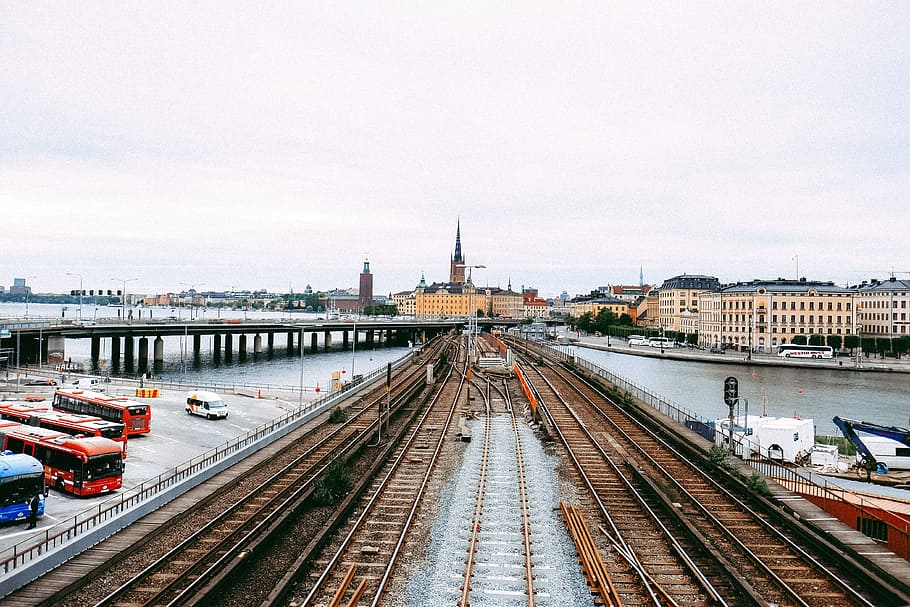 brown rail road on body of water, railway, track, station, train HD wallpaper