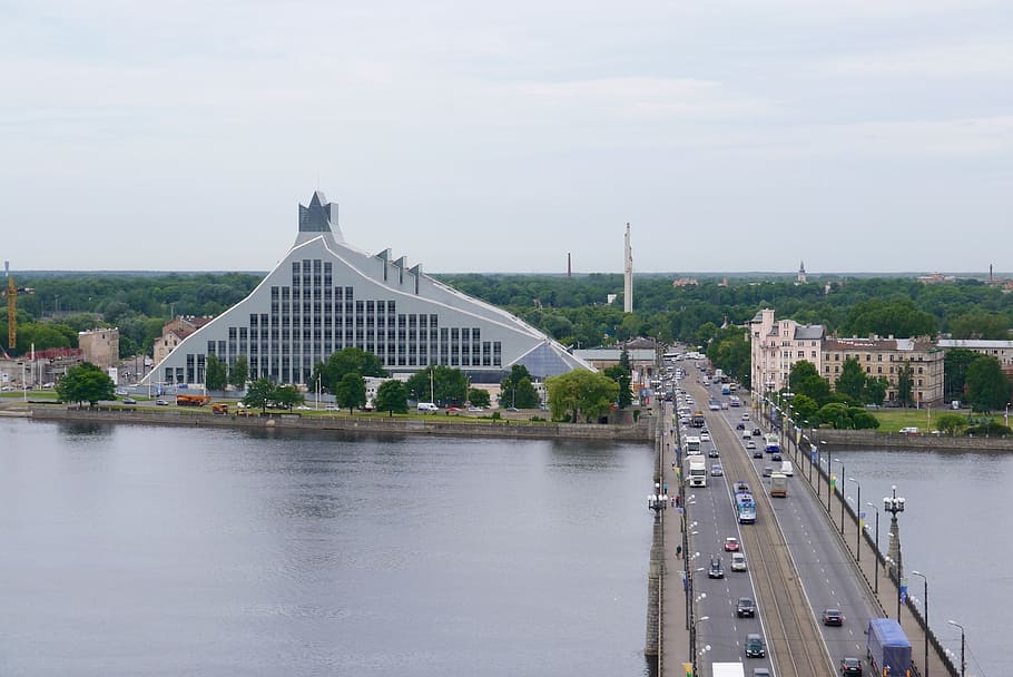 riga, latvia national library, stone bridge, built structure, HD wallpaper