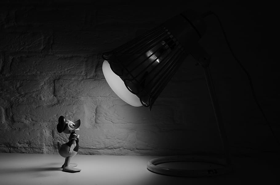 photo of Disney's Donald Duck figurine standing near desk lamp, HD wallpaper