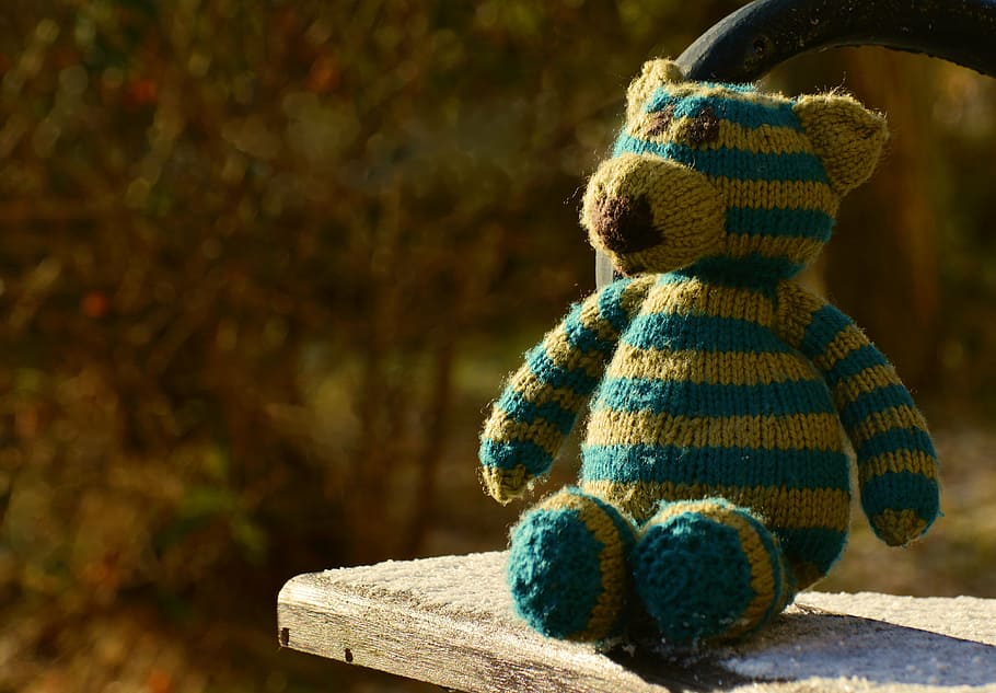 blue and brown stripe bear plush toy, teddy, teddy bear, knitted HD wallpaper