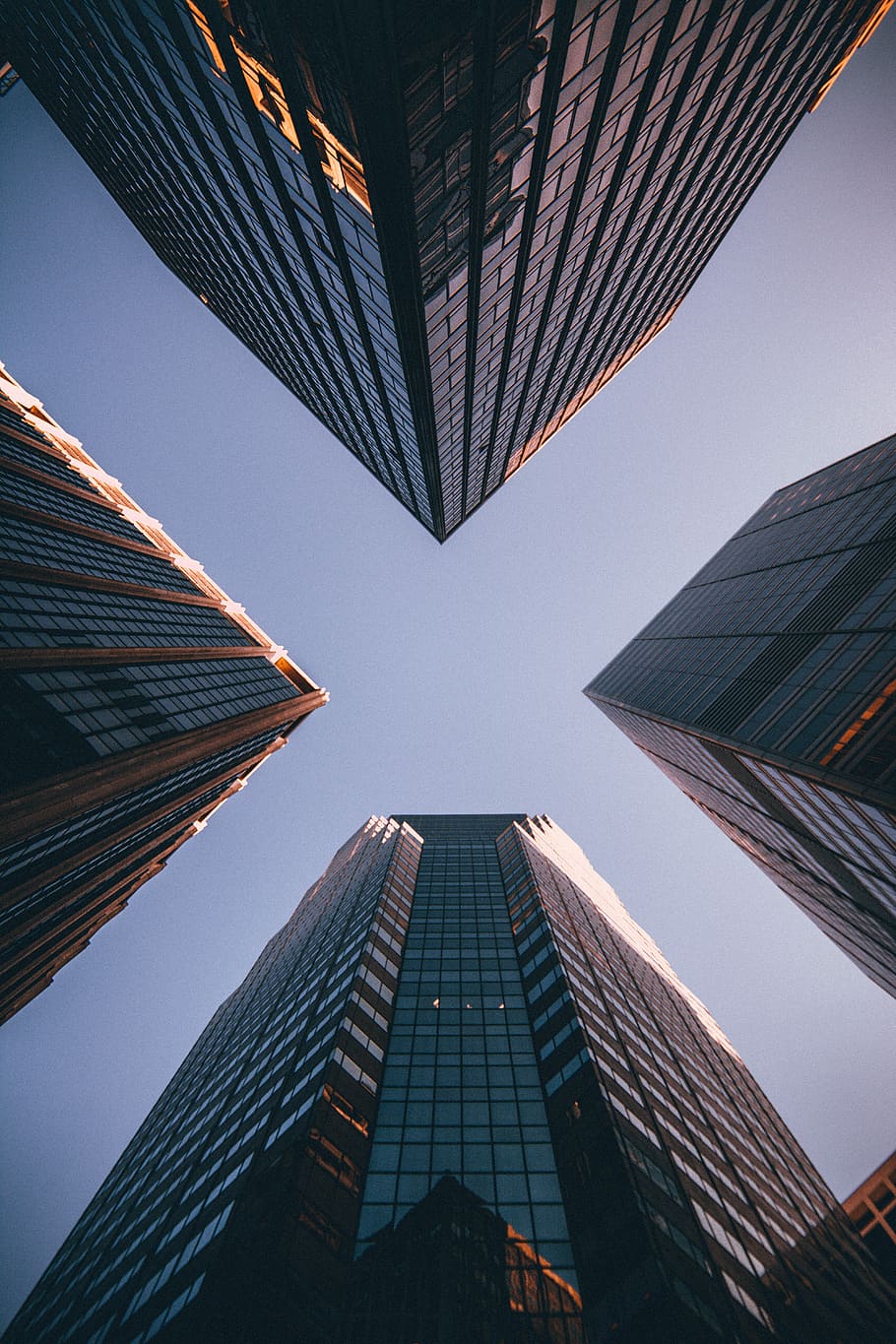 low-angle photography of four high-rise buildings, worms eye view of buildings HD wallpaper