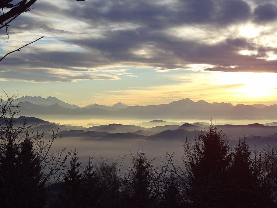 mountain surrounded with fogs during golden hour, winter, clouds HD wallpaper