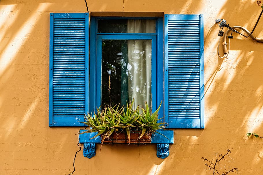 photo of blue open window, photo of blue wooden window framed open HD wallpaper