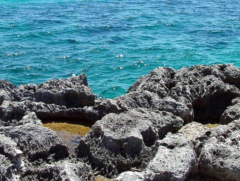 rocks, water, waves, blue, ocean, sea, solid, beach, rock - object HD wallpaper