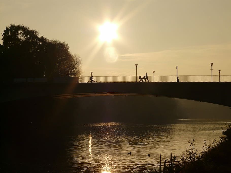 River, Bridge, Web, Water, Sun, back light, silhouette, sunset HD wallpaper