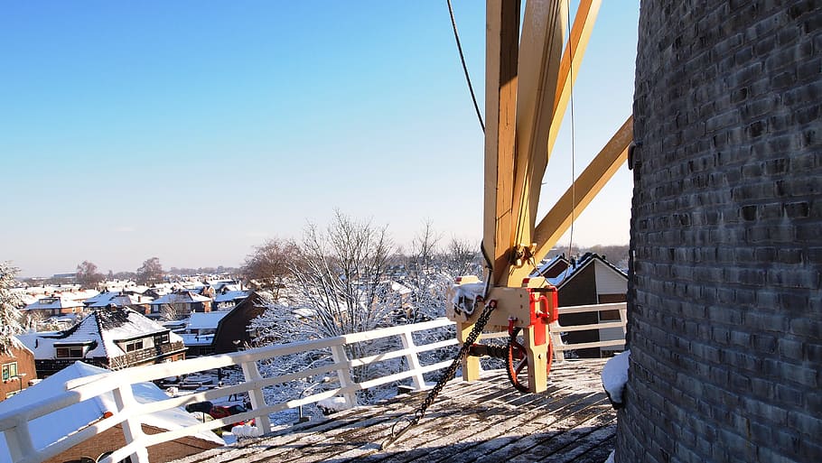 mill, winter, blue, snow, view, village, houses, architecture HD wallpaper