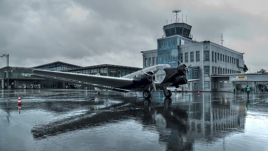 airport, junkers, ju 52, paderborn, clouds, aircraft, historically