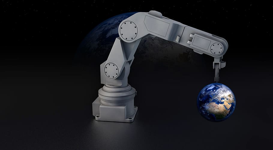 white robotic arm holding earth lamp, robot arm, globe, machine HD wallpaper