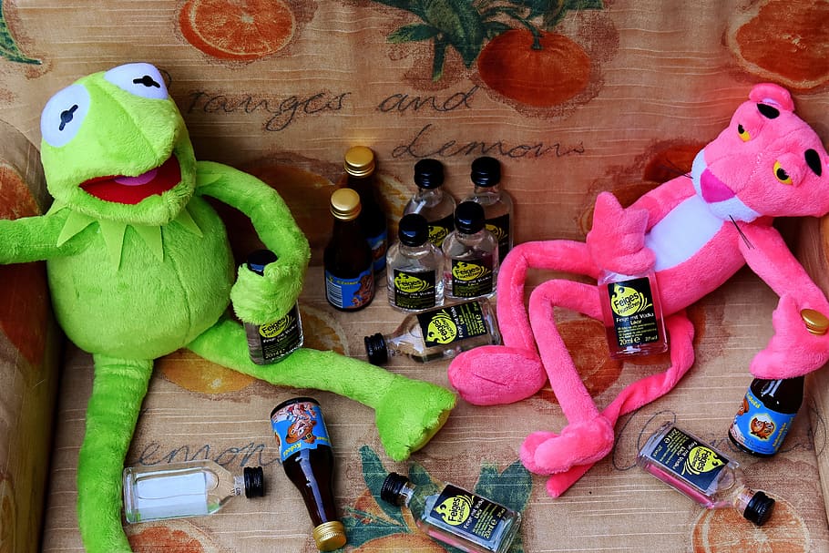Kermitt the frog and Pink Panther plush toys on brown sofa with bottles