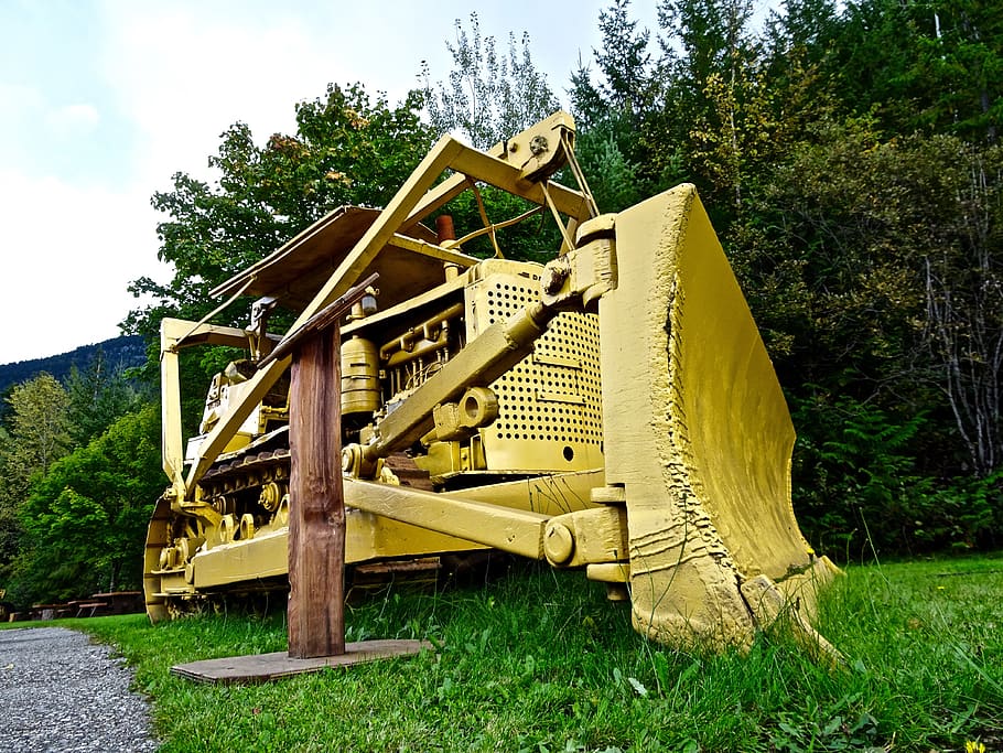 scraper, grader, bulldozer, yellow, machinery, heavy, engineering, HD wallpaper
