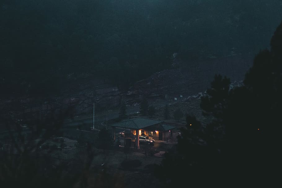 house in the middle of mountain, building, light, dark, night HD wallpaper