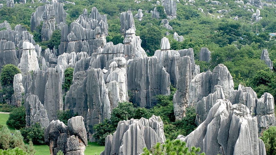 aerial photo of gray rock formations, china, kunming, stone forest HD wallpaper