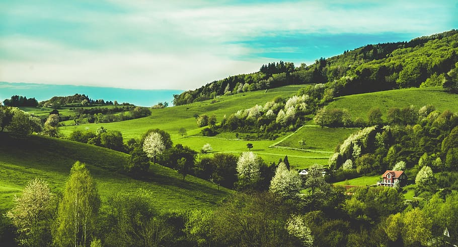 clouds, sky, mountain, valley, nature, landscape, house, green HD wallpaper