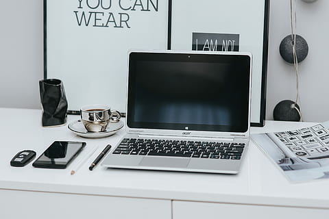 Laptop computer on white desk, interior, minimal, workspace, workplace HD wallpaper