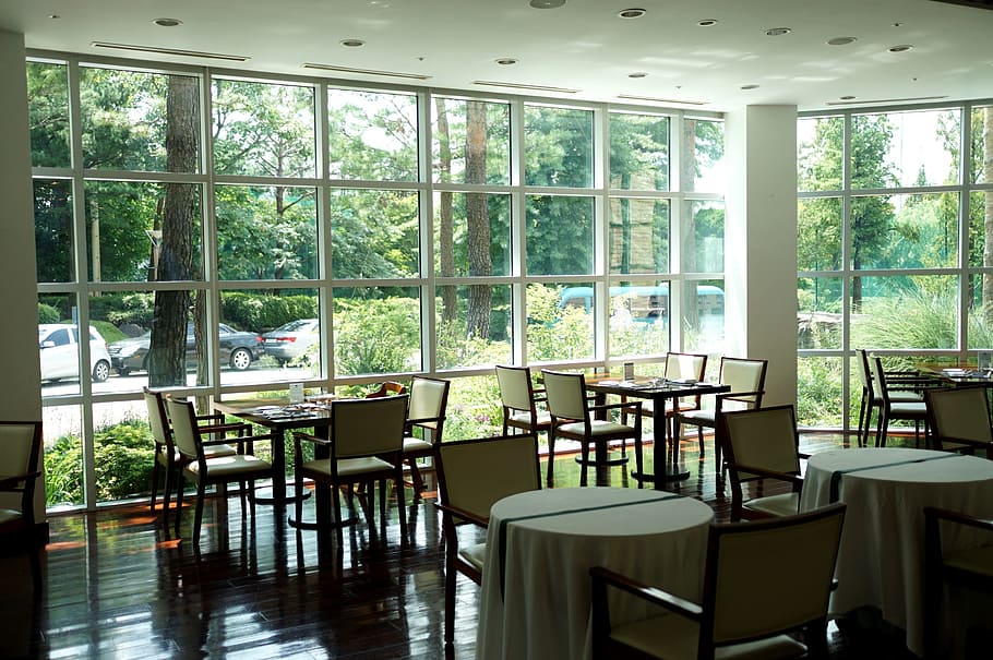 empty tables and chairs in restaurant, terrace, green, window HD wallpaper
