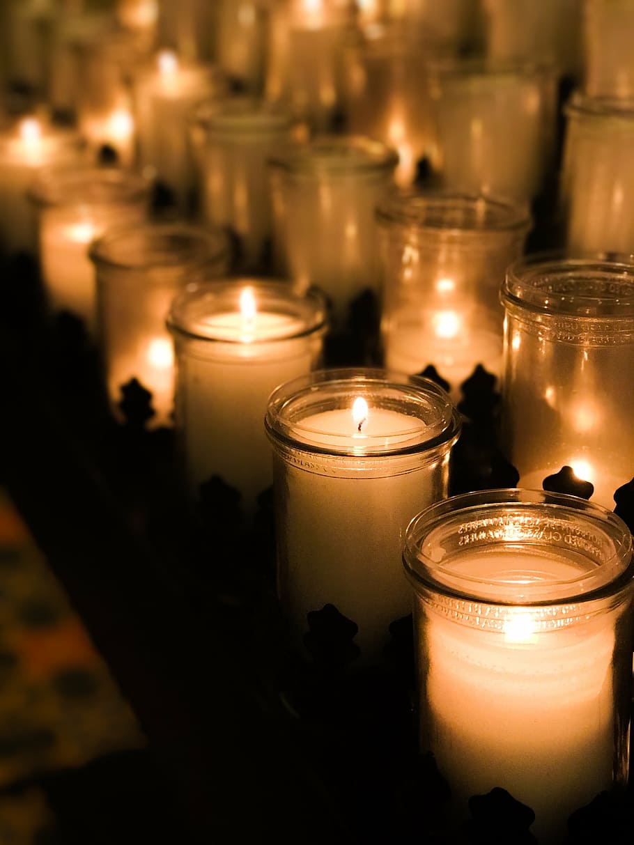 lighted candles on glasses lot, flame, fire, christmas, decoration HD wallpaper
