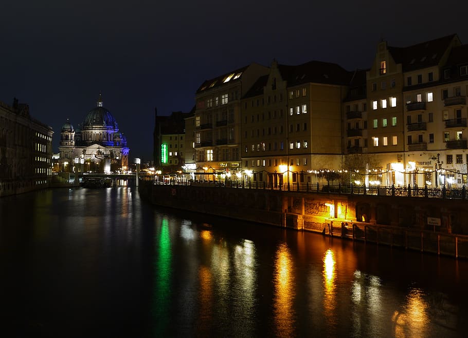 river, spree, berlin, capital, city, architecture, night, docks HD wallpaper