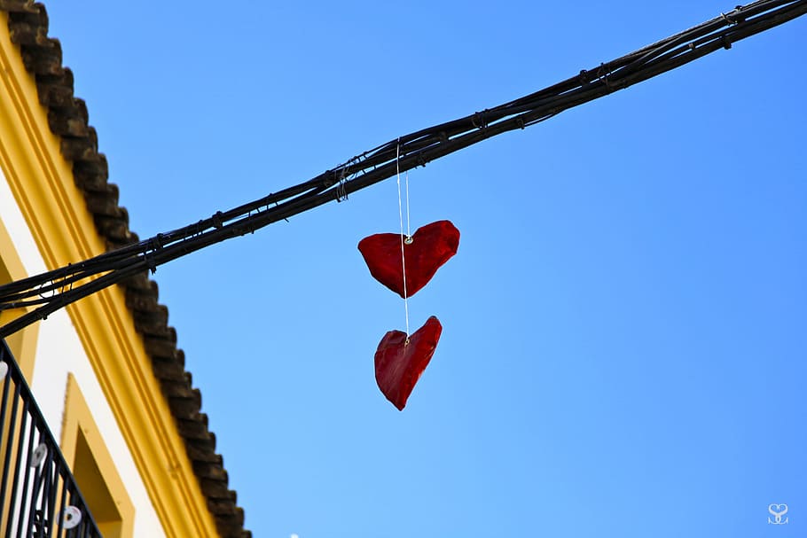 hearts, two, red, cable, love, positive emotion, sky, blue HD wallpaper