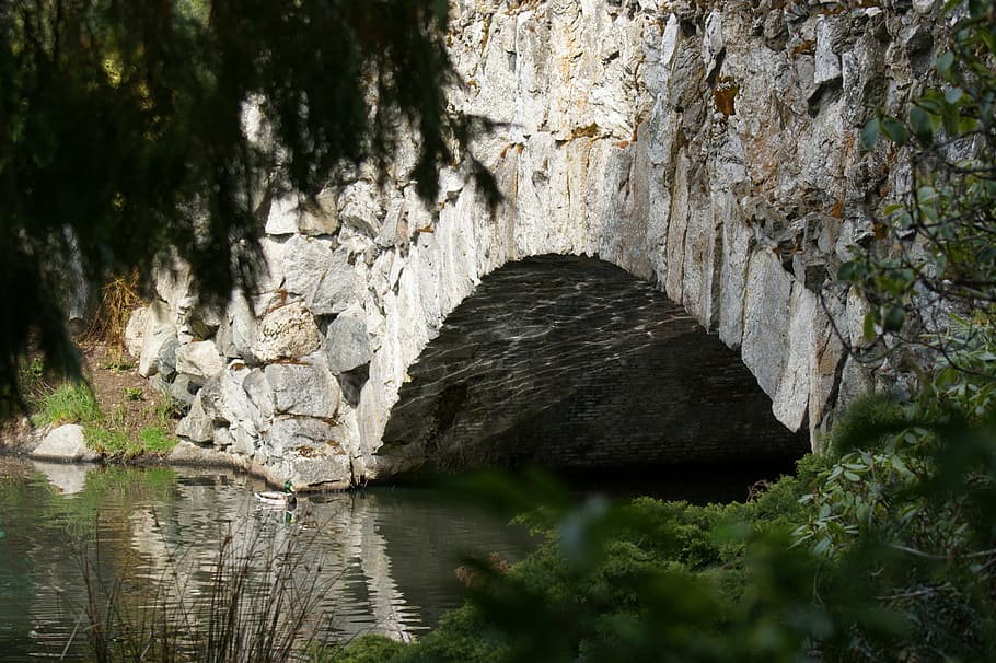 bridge, river, nature, lake, summer, pretty, scenery, rock HD wallpaper
