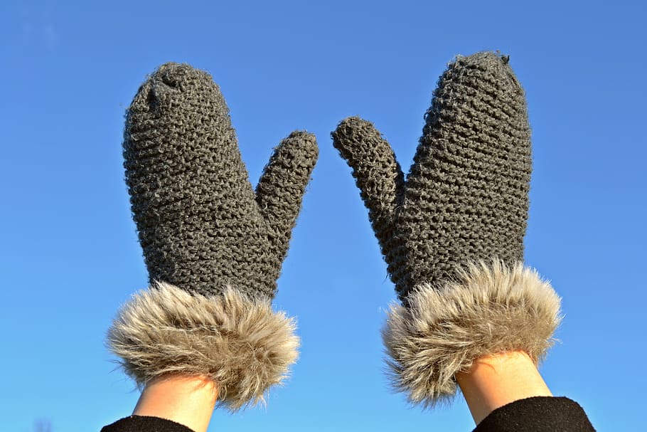 pair of gray knitted gloves, mittens, pels, blue sky, winter