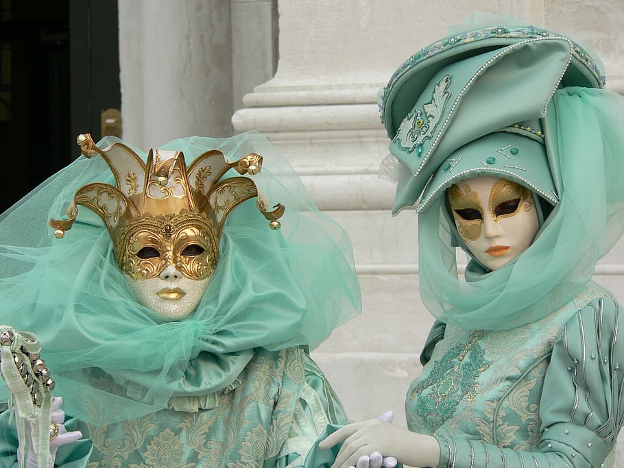 two person wearing masquerade masks, venice, carnival, costumes