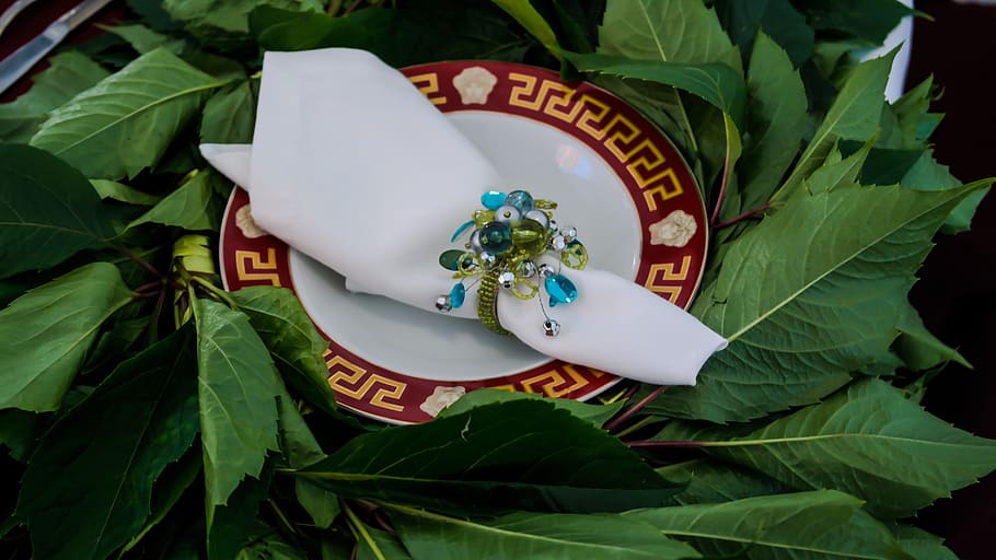 eastern party, dish, pattern, ring, napkin, leaf, plant part HD wallpaper